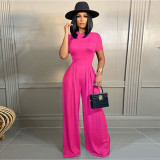 Solid Short Sleeve Pullover And Wide Leg Pants Two Piece Set SH-390498