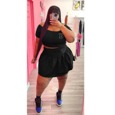 Plus Size Print Short Sleeve Pleated Skirt 2 Piece Set WAF-77426236