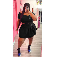 Plus Size Print Short Sleeve Pleated Skirt 2 Piece Set WAF-77426236