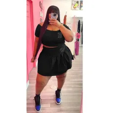 Plus Size Print Short Sleeve Pleated Skirt 2 Piece Set WAF-77426236