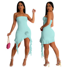 Ruffled Solid Color Sexy Wrap Chest Irregular Mini Dress YF-10475