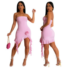 Ruffled Solid Color Sexy Wrap Chest Irregular Mini Dress YF-10475