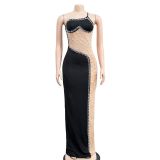 Hot Drill Mesh Patchwork Maxi Dress BY-6271
