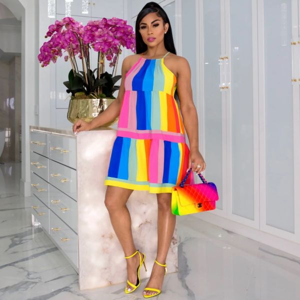 Rainbow Striped Stitching Midi Dress  XHSY-19559