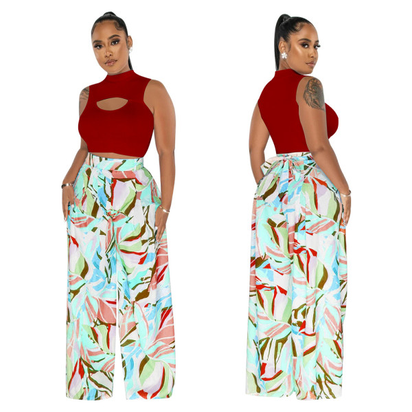 Sleeveless Top Print Wide Leg Pants Two Piece Set YF-10458