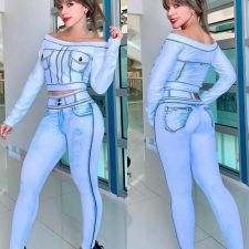 Denim Print Off Shoulder Two Piece Pants Set GYSF-7153
