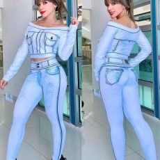 Denim Print Off Shoulder Two Piece Pants Set GYSF-7153
