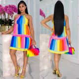Rainbow Striped Stitching Midi Dress  XHSY-19559