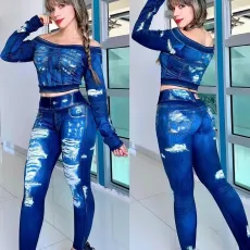Denim Print Off Shoulder Two Piece Pants Set GYSF-7153
