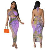 Sexy Print Tie Up Backless Split Maxi Dress YF-10426