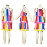 Rainbow Striped Stitching Midi Dress  XHSY-19559