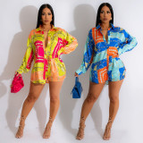 Color Block Lapel Neck Shirt And Shorts Two Piece Set BY-6277