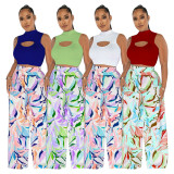Sleeveless Top Print Wide Leg Pants Two Piece Set YF-10458