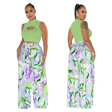 Sleeveless Top Print Wide Leg Pants Two Piece Set YF-10458
