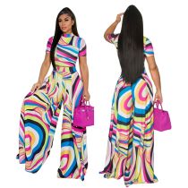 Fashion Printed Short Sleeve Wide Leg Pants Two Piece Set XMY-9405