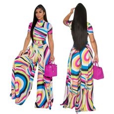 Fashion Printed Short Sleeve Wide Leg Pants Two Piece Set XMY-9405