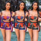 Plus Size Casual Print Wrap Chest Shorts Three Piece Set WPF-8866