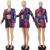 Plus Size Casual Print Wrap Chest Shorts Three Piece Set WPF-8866