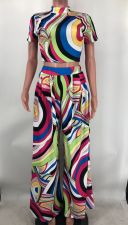 Fashion Printed Short Sleeve Wide Leg Pants Two Piece Set XMY-9405