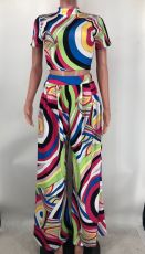 Fashion Printed Short Sleeve Wide Leg Pants Two Piece Set XMY-9405