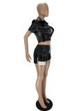 Fashion PU Leather Short Sleeve Two Piece Set NM-8806