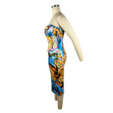 Print Wrap Chest Slim Midi Dress TE-4623