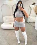 Solid Knits Hooded Tops And Skirt Two Piece Set MDF-5365