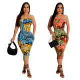 Print Wrap Chest Slim Midi Dress TE-4623