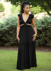 Solid V Neck Backless Bandage Maxi Dress DAI-1312