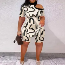 Plus Size Fashion Print Off Shoulder Two Piece Set NY-10436