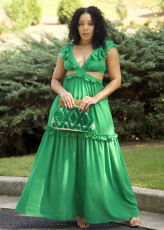 Solid V Neck Backless Bandage Maxi Dress DAI-1312
