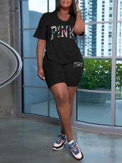 PINK Letter Print Short Sleeve Shorts Sports Suit LSD-83200