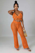 Sexy Tassels Hollow Out Halter Top Pants Two Piece Set OSM-4389