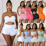 Plus Size Fashion Wrap Chest Solid Color 2 Piece Set HM-6651