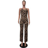 Leopard Print Sling Jumpsuit With Headscarf OD-8547