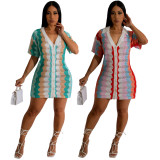 Contrast Color Hollow Out Knits Mini Dress ASL-6656
