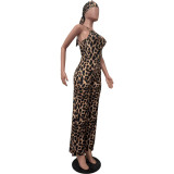 Leopard Print Sling Jumpsuit With Headscarf OD-8547