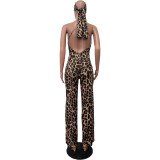 Leopard Print Sling Jumpsuit With Headscarf OD-8547
