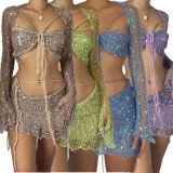 Sexy Sequin Knits Long Sleeve Three Piece Set GCNF-0214