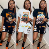 Skull Print Short Sleeve Shorts Two Piece Set GLF-08127