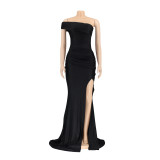 Slash Shoulder Sleeveless Split Evening Dress AIL-232