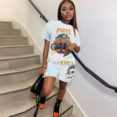Skull Print Short Sleeve Shorts Two Piece Set GLF-08127