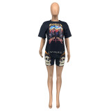 Skull Print Short Sleeve Shorts Two Piece Set GLF-08127