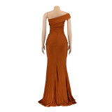 Slash Shoulder Sleeveless Split Evening Dress AIL-232