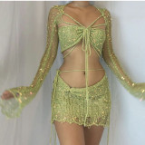 Sexy Sequin Knits Long Sleeve Three Piece Set GCNF-0214
