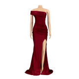 Slash Shoulder Sleeveless Split Evening Dress AIL-232