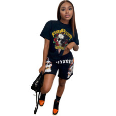 Skull Print Short Sleeve Shorts Two Piece Set GLF-08127