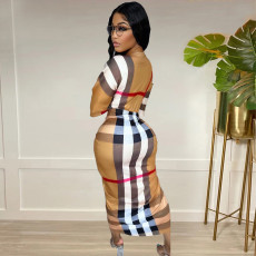 Plus Size Color Blocking Stripe Split Maxi Dress HGL-2023