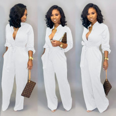 Plus SIze Solid Color Waist Belt Slim Jumpsuit LSD-86022
