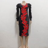 Sexy Fashion Print Long Sleeve Midi Dress SMR-11565